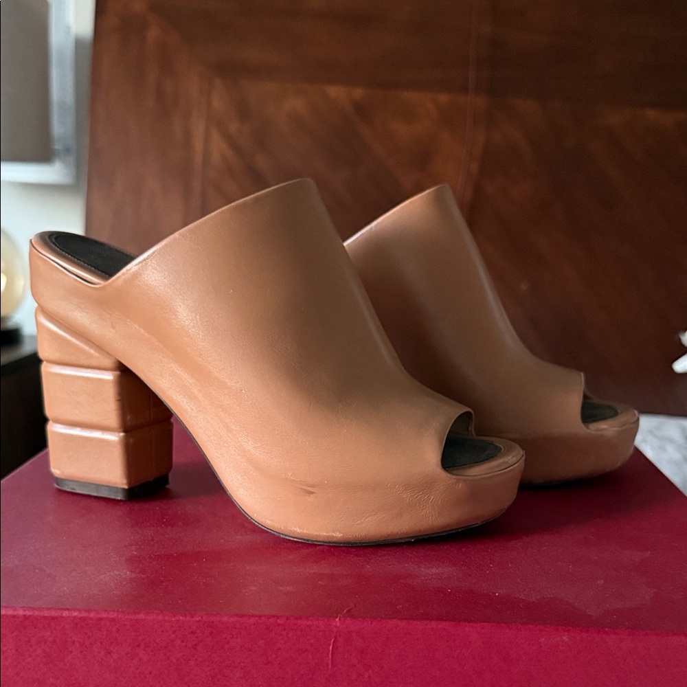 Salvatore Ferragamo Women's Camel Leather Peep-Toe Mules